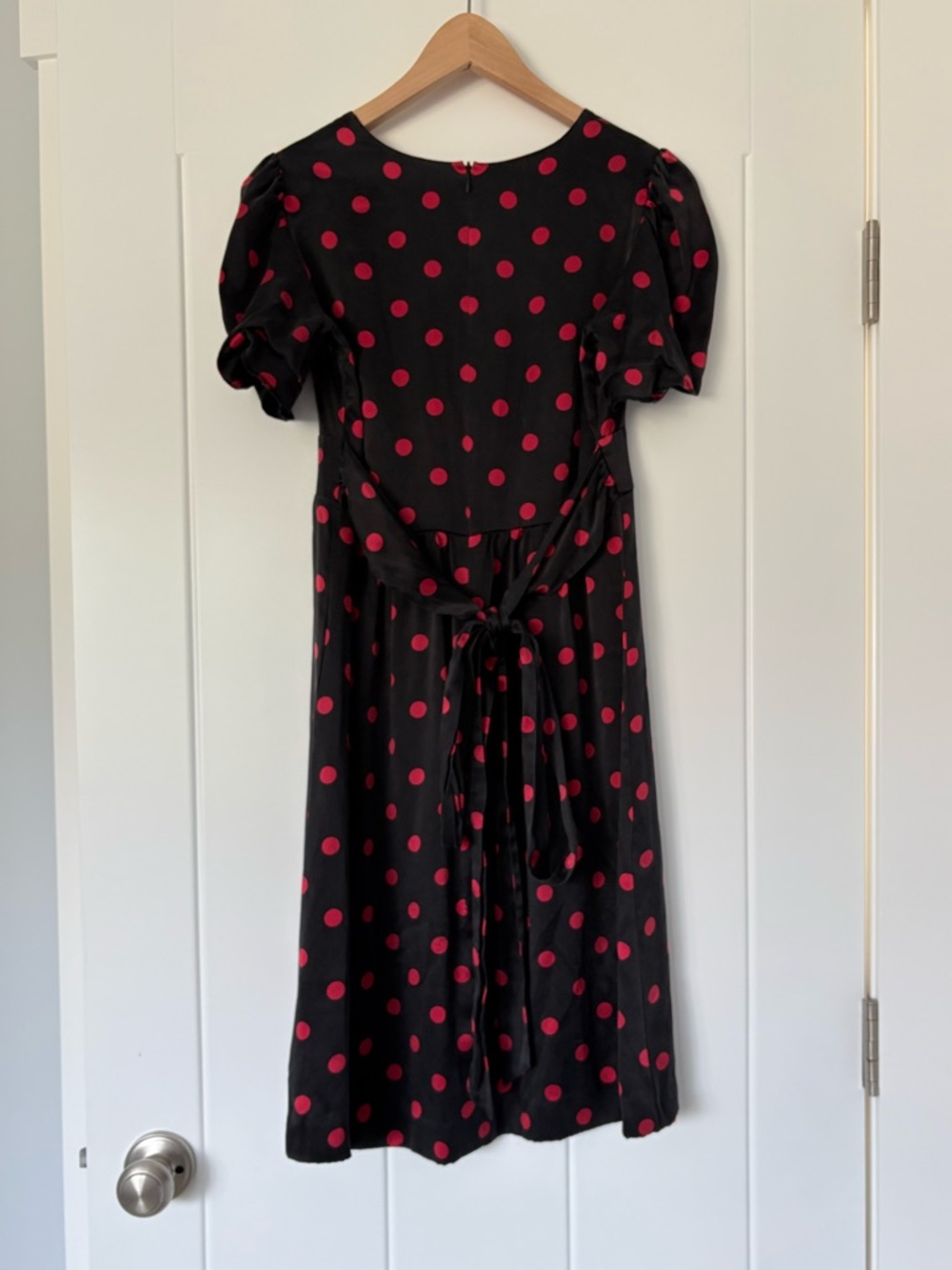 Vintage Betsey Johnson 100% Silk Black Red Polka Dot Puff Sleeve Dress - Picture 10 of 16